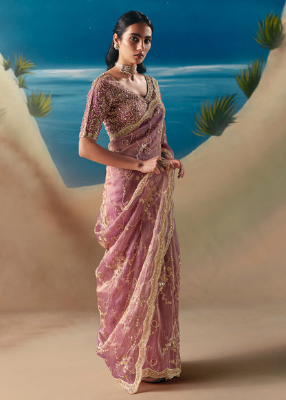Onion Pink Fancy Organza Silk Zari Embroidered Sequins With Bridal Saree 