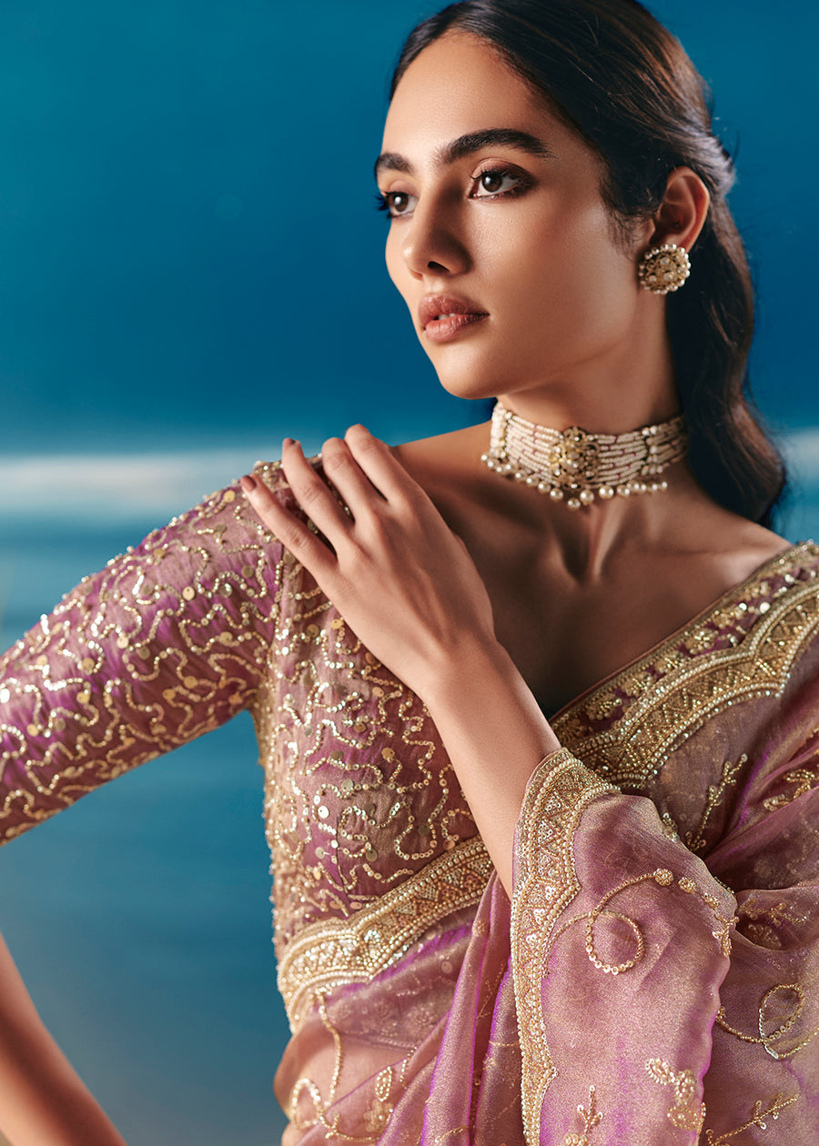 Onion Pink Fancy Organza Silk Zari Embroidered Sequins With Bridal Saree 