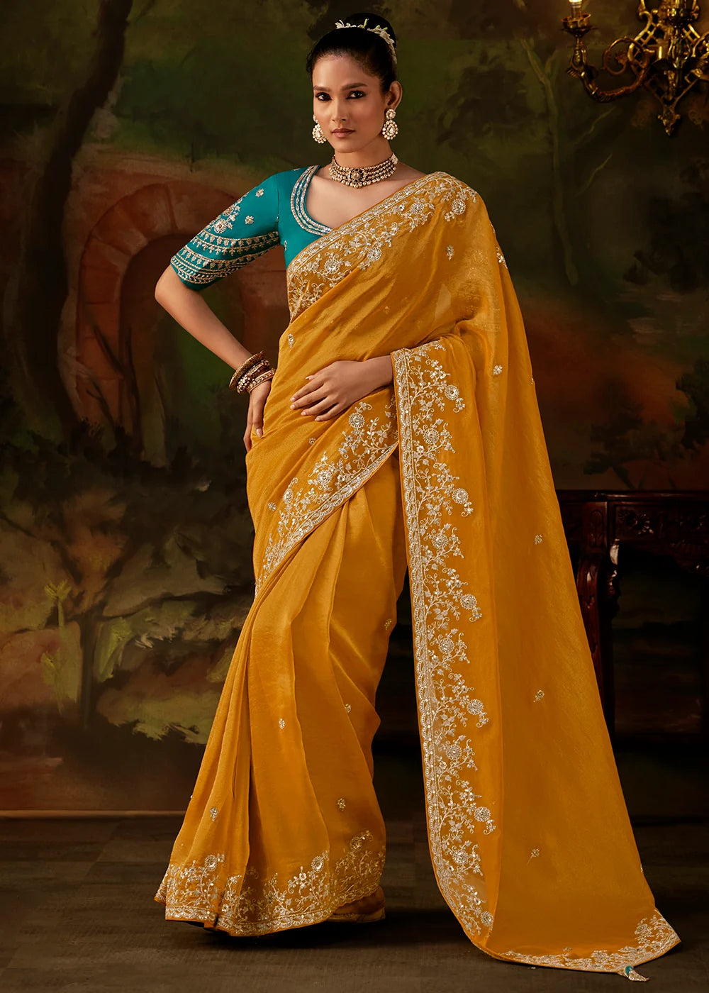 Mustard Yellow Viscose Zari Tissue Saree with Sequin Embroidery