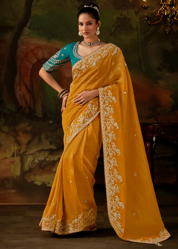 Mustard Yellow Viscose Zari Tissue Saree with Sequin Embroidery