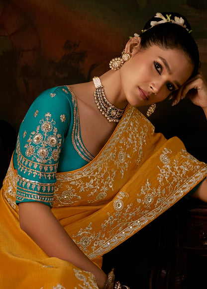 Mustard Yellow Viscose Zari Tissue Saree with Sequin Embroidery