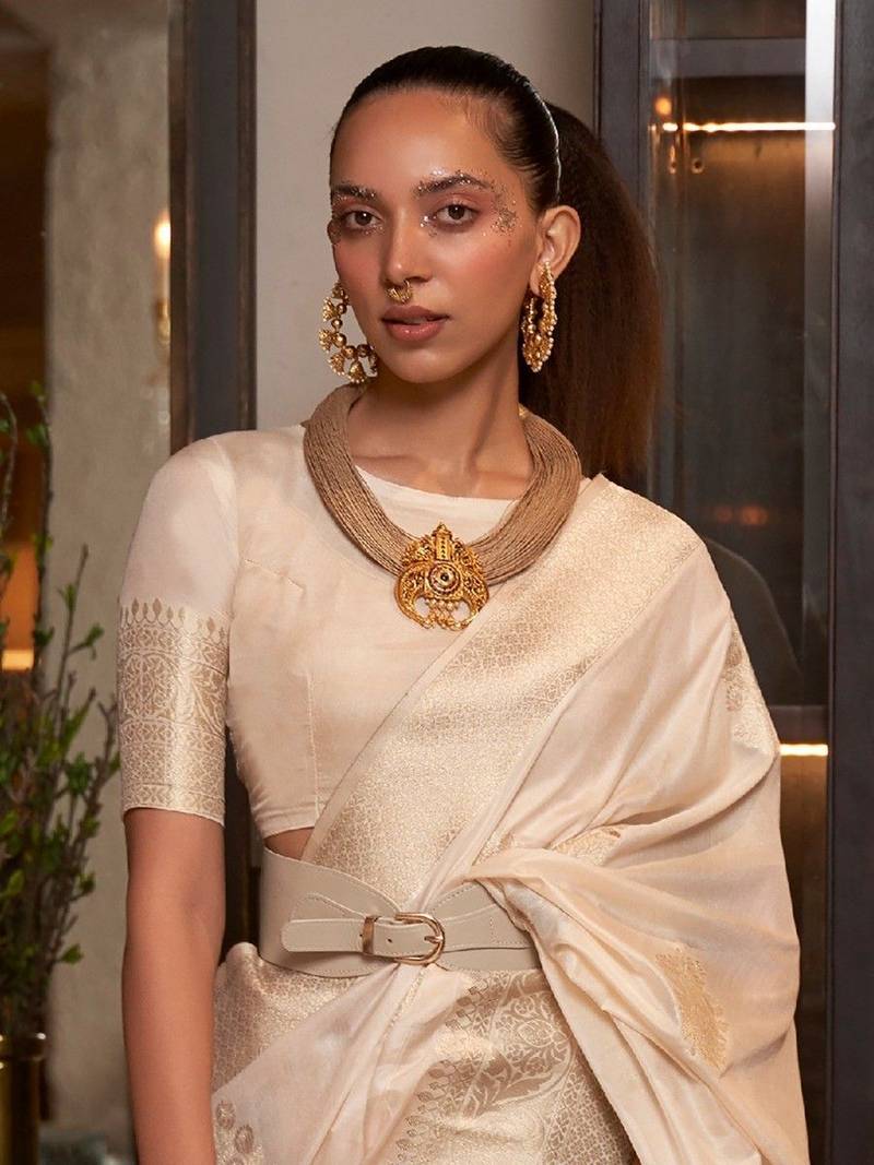 Karry White Woven Pure Soft Georgette Silk Saree 