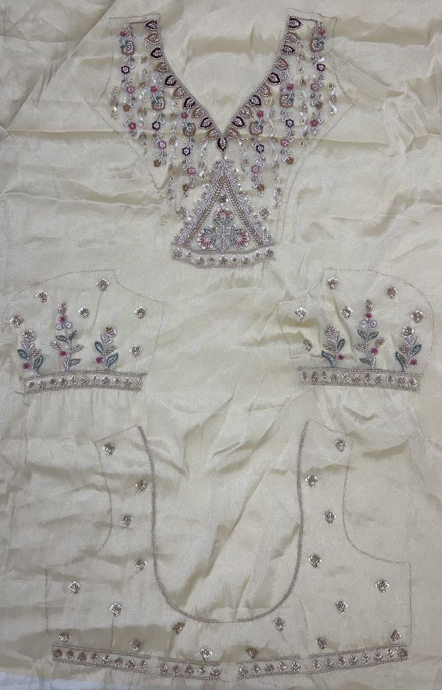 Off White Pure Chandnia Silk Handwork Motif Peacock Pattern Crystal Beads Multi Thread Dori &amp; Sequins Work Bridal Lehenga Choli