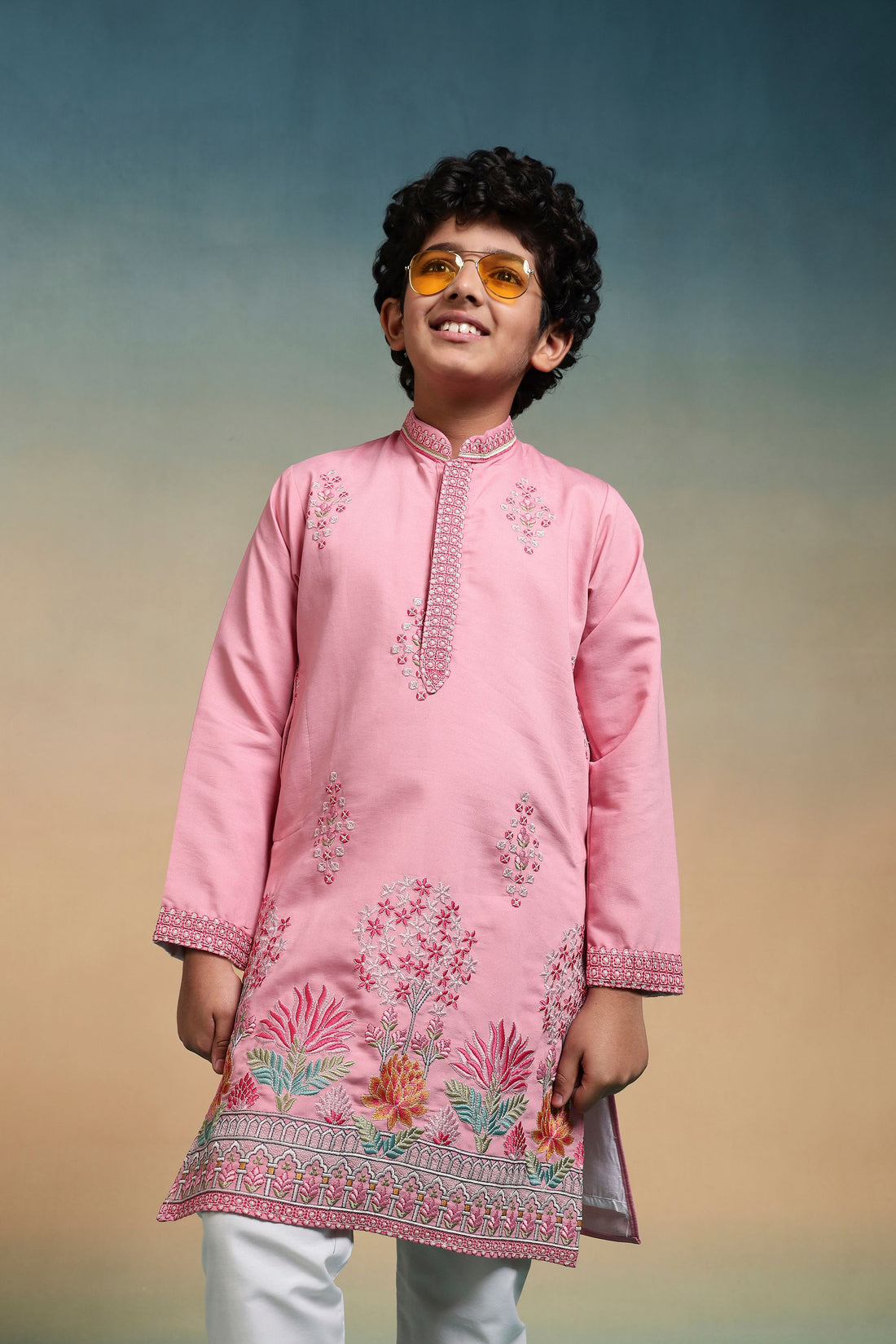 Pink Pure Viscose Silk Kids Boy Kurta Pajama