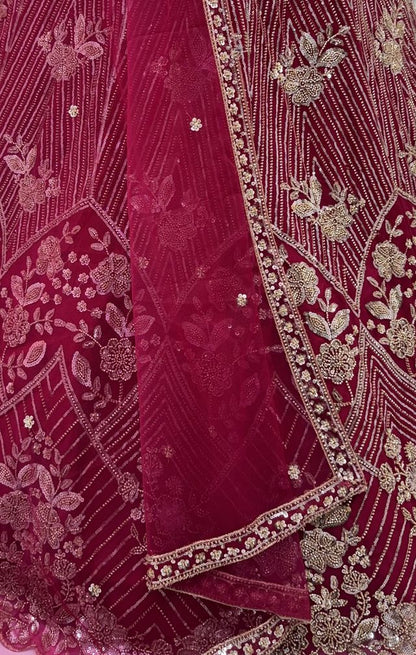 Rani Pure Heavy Net Motif Handwork Zari Sequins Work Bridal Lehenga Choli