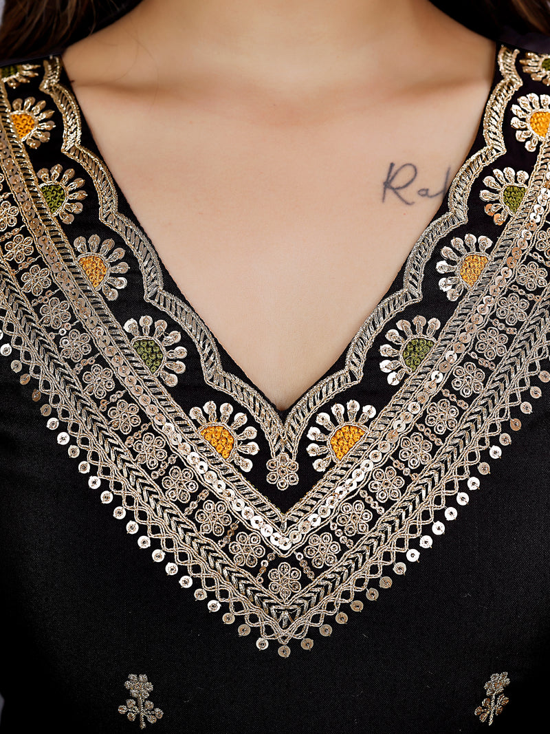 Black Embroidered Kurti Set with Floral Tebby Dupatta