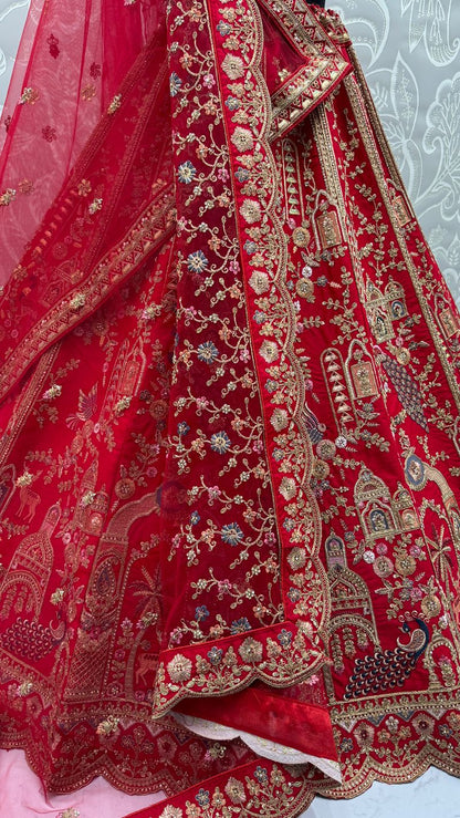 Red Pure Soft Silk Heavy Embroidery Work Bridal Lehenga 