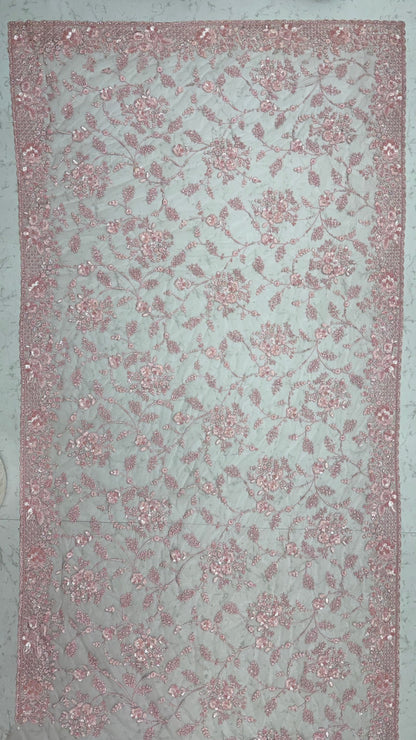 Pink Pure Premium Net Handwork Kasti &amp; Motif Zari Metallic Sequins Work Wedding Saree