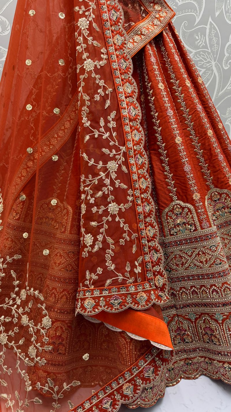 Orange Pure Soft Gadhwal Silk Heavy Embroidery Work Bridal Lehenga