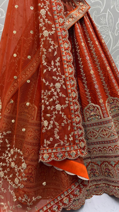 Orange Pure Soft Gadhwal Silk Heavy Embroidery Work Bridal Lehenga