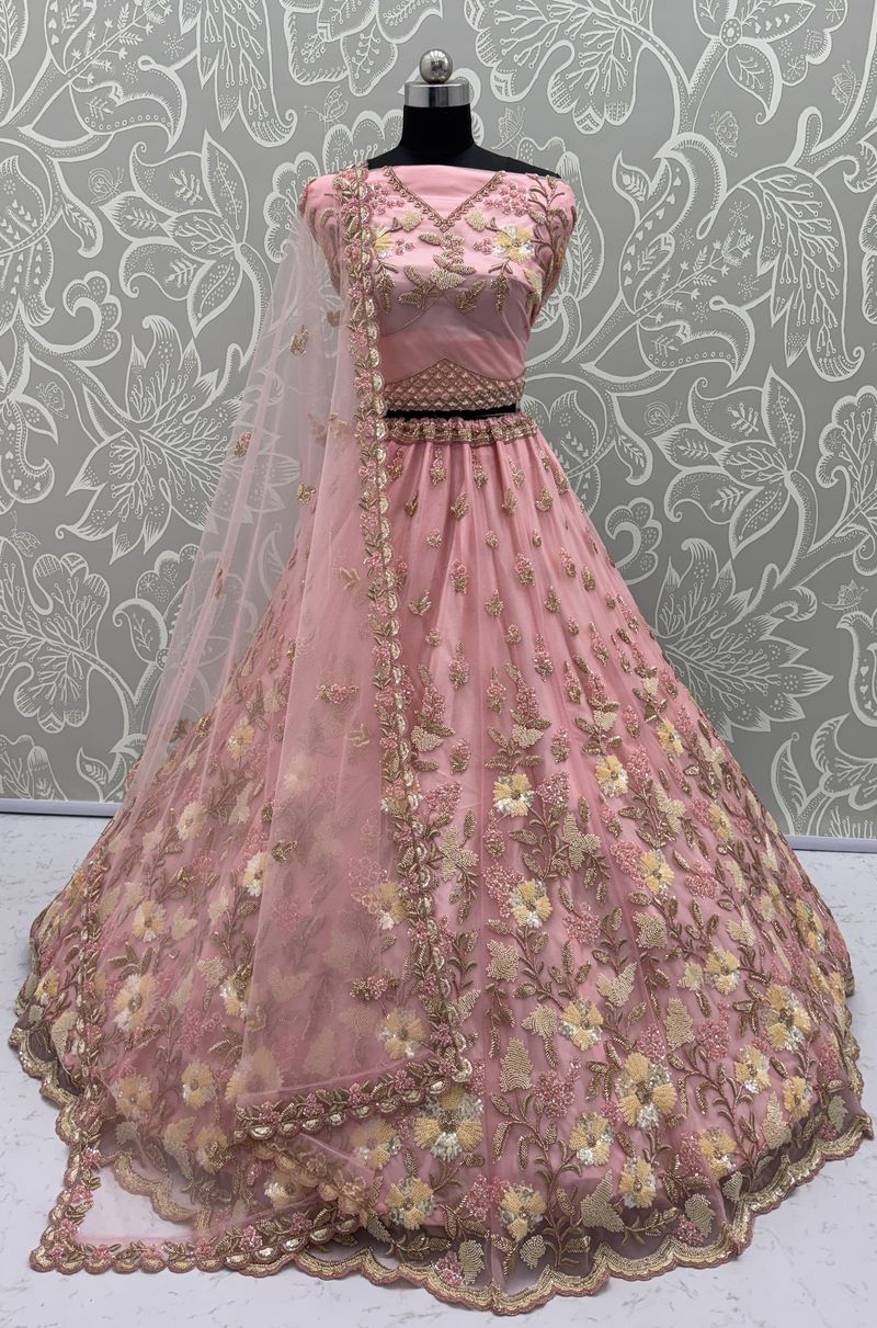 Pink Pure Soft Net Heavy Embroidery Work Bridal Lehenga
