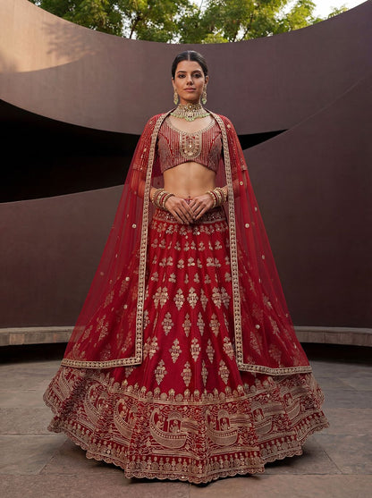 Red Pure Soft Heavy Silk Sequins Embroidery Work Bridal Lehenga 