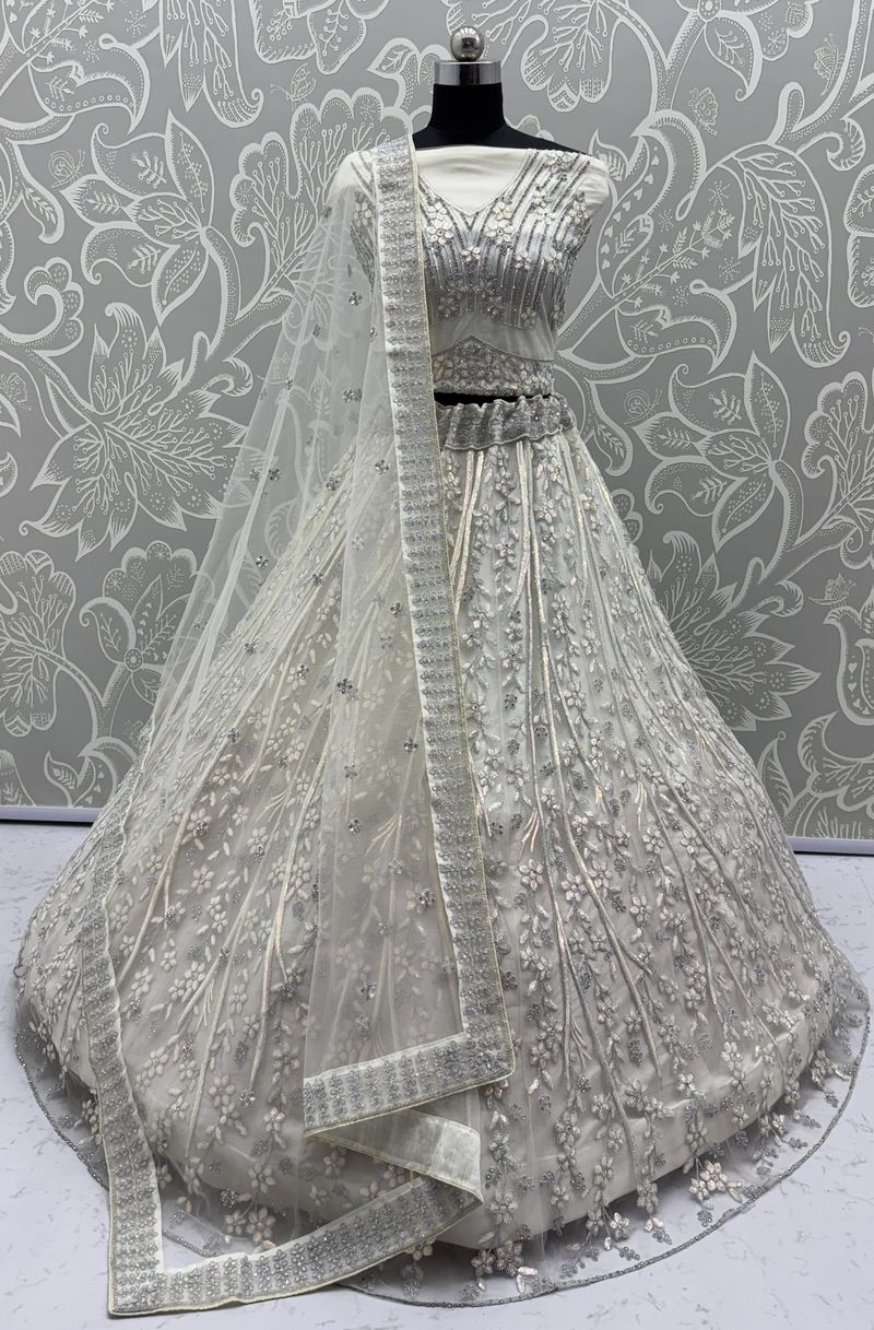 White Pure Soft Net Heavy Embroidery Work Bridal Lehenga