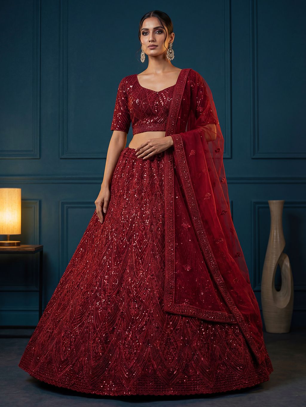 Red Pure Soft Net Heavy Embroidery Work Bridal Lehenga 