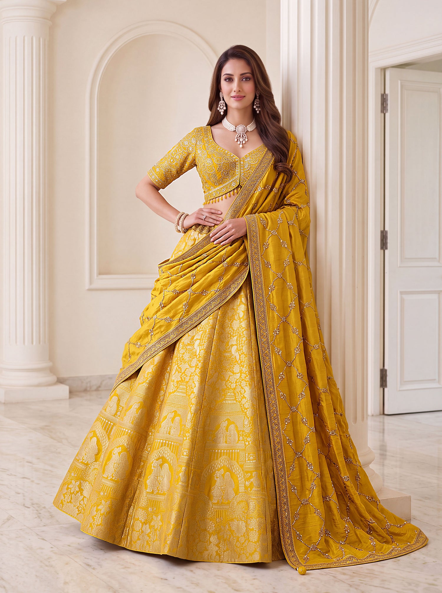 Royal Yellow Pure Banarasi Silk Zari Figure Pattern Weaving Work Bridal Lehenga Choli