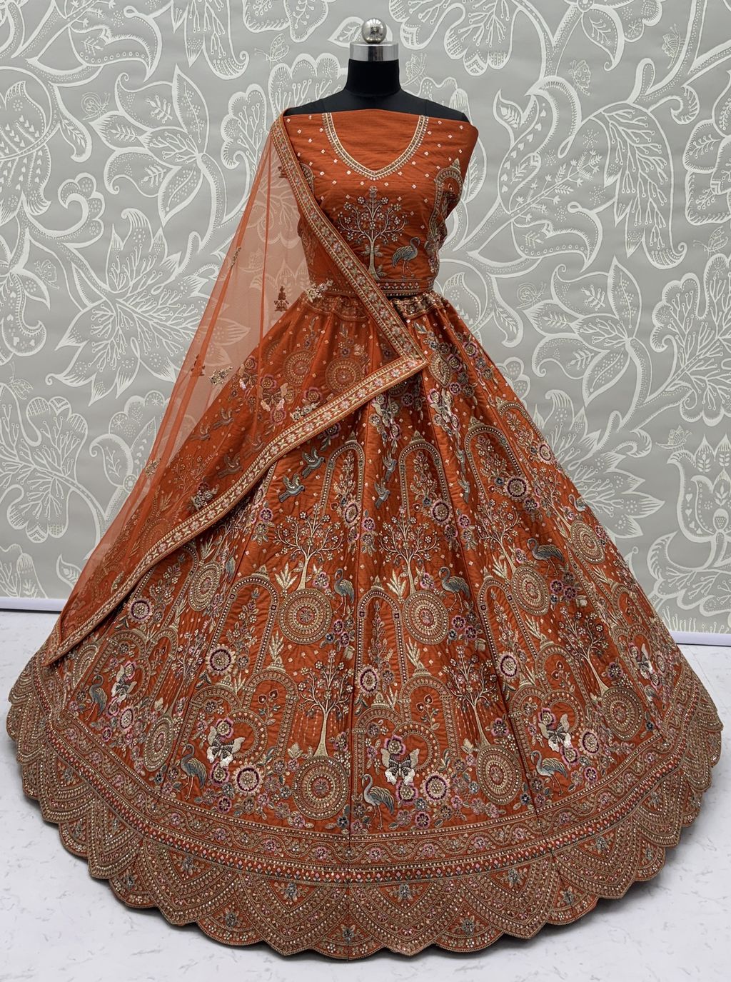 Orange Pure Soft Silk Heavy Embroidery Work Bridal Lehenga 