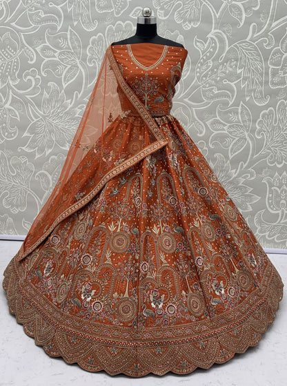 Orange Pure Soft Silk Heavy Embroidery Work Bridal Lehenga 