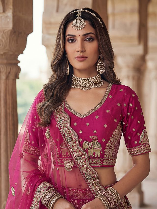 Rani Pink Pure Soft Gadwal Silk Heavy Embroidery Work Bridal Lehenga 