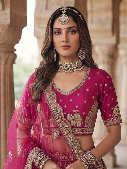 Rani Pink Pure Soft Gadwal Silk Heavy Embroidery Work Bridal Lehenga 