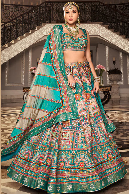 Sea Green &amp; Turquoise Banarasi Silk Lehenga Choli with Royal Weaving Work