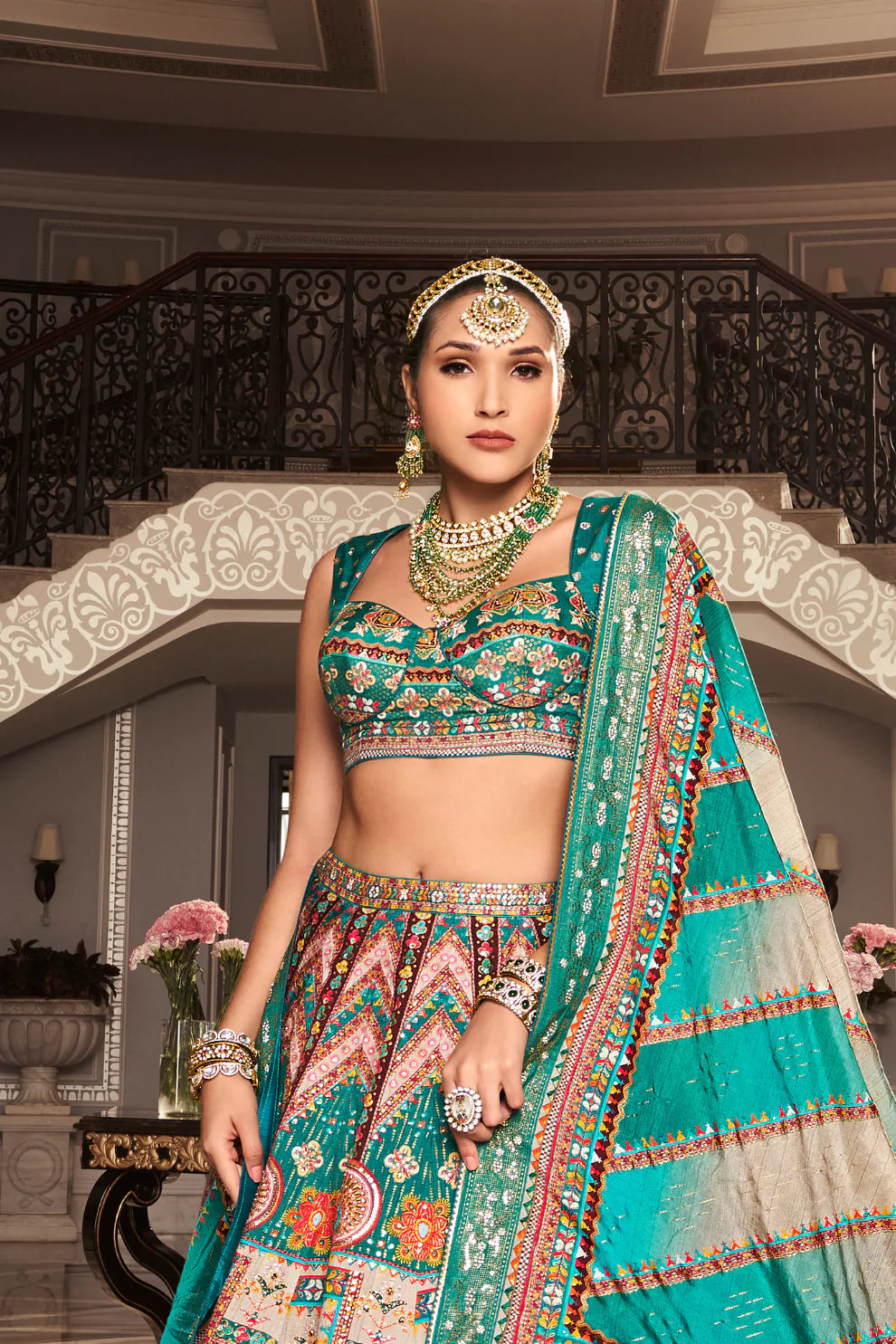 Sea Green &amp; Turquoise Banarasi Silk Lehenga Choli with Royal Weaving Work