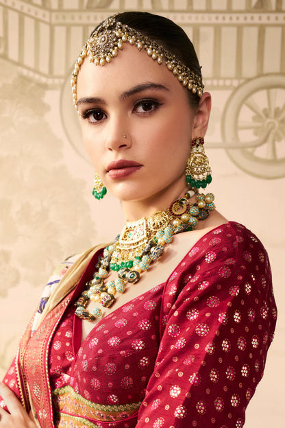 Wine Purple &amp; Ivory Banarasi Silk Lehenga Choli with Traditional Motifs