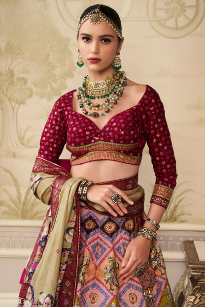 Wine Purple &amp; Ivory Banarasi Silk Lehenga Choli with Traditional Motifs