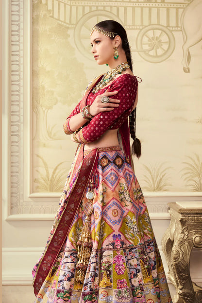 Wine Purple &amp; Ivory Banarasi Silk Lehenga Choli with Traditional Motifs