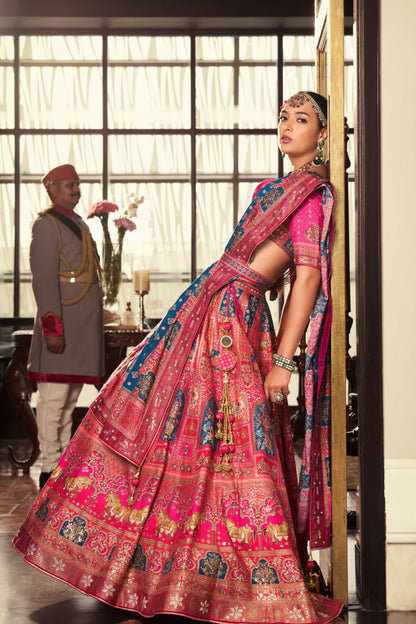 Pink Multicolor Banarasi Silk Lehenga Choli with Weaving Work