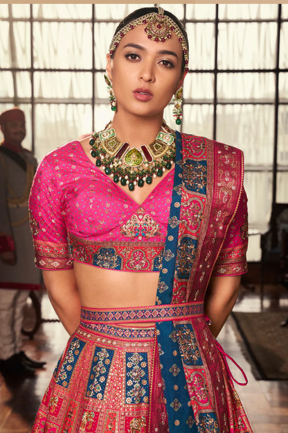 Pink Multicolor Banarasi Silk Lehenga Choli with Weaving Work