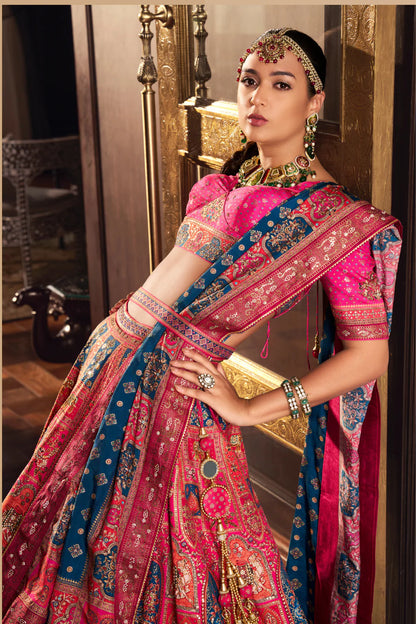 Pink Multicolor Banarasi Silk Lehenga Choli with Weaving Work