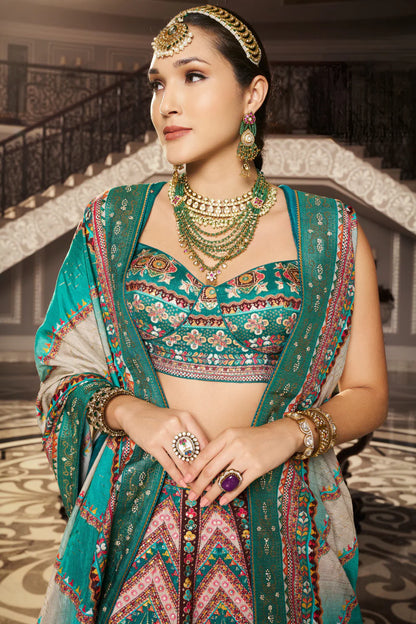 Sea Green &amp; Turquoise Banarasi Silk Lehenga Choli with Royal Weaving Work