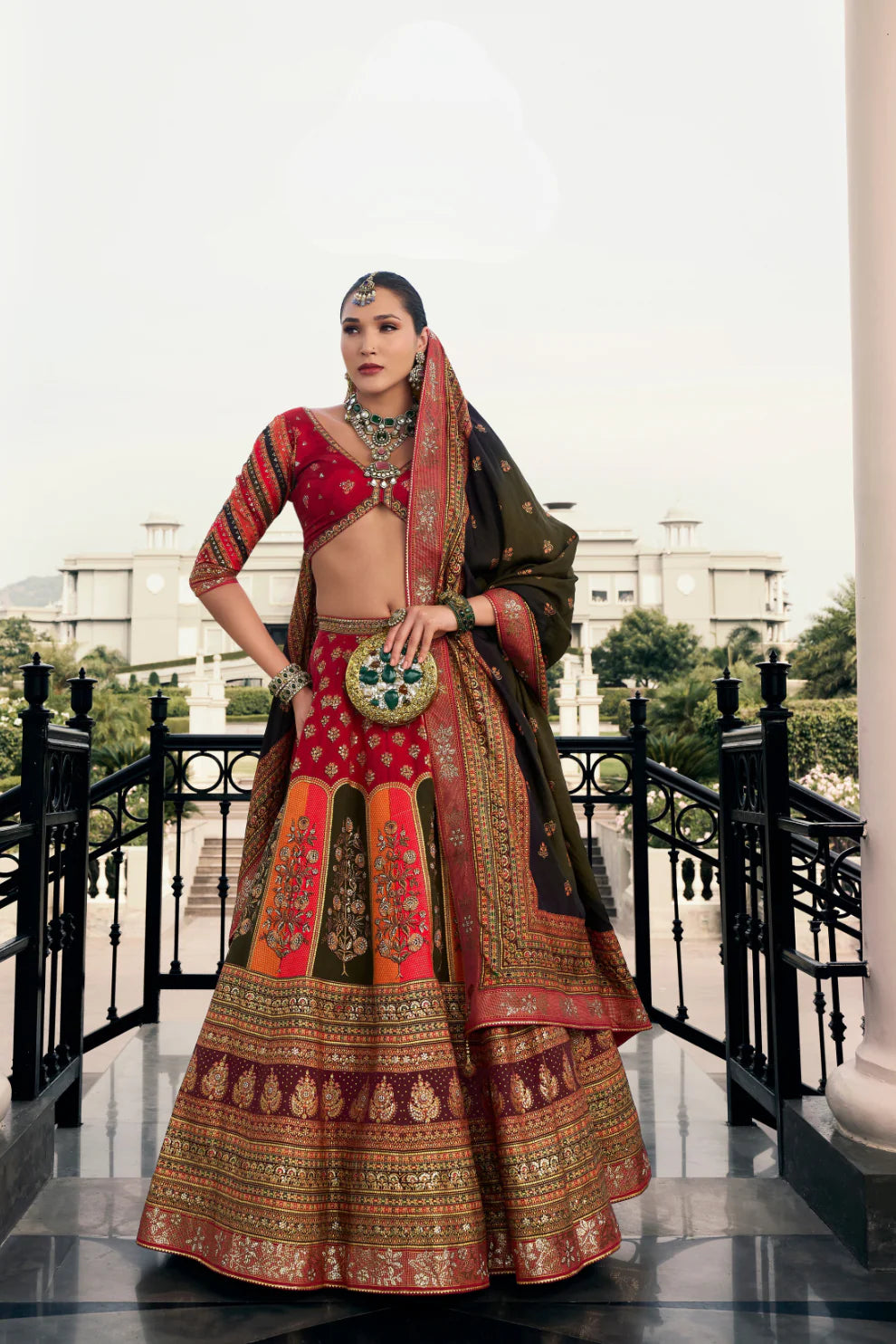 Red &amp; Antique Gold Traditional Banarasi Silk Lehenga
