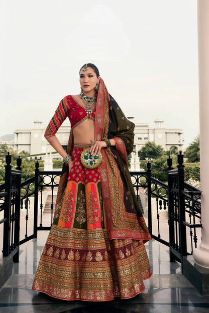 Red &amp; Antique Gold Traditional Banarasi Silk Lehenga