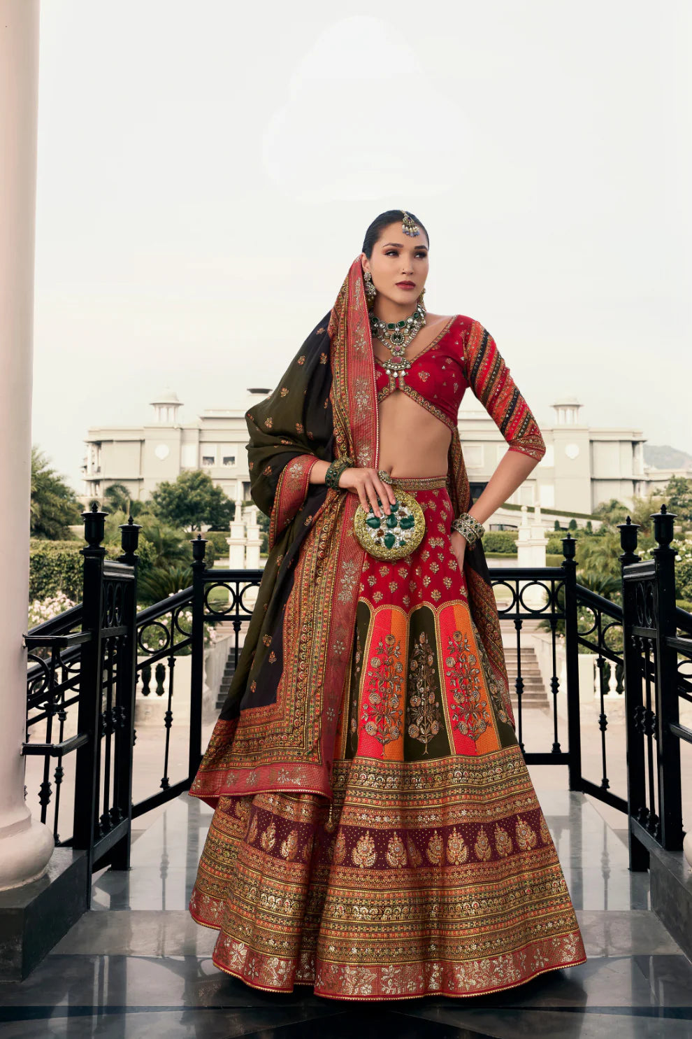 Red &amp; Antique Gold Traditional Banarasi Silk Lehenga