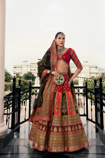 Red &amp; Antique Gold Traditional Banarasi Silk Lehenga