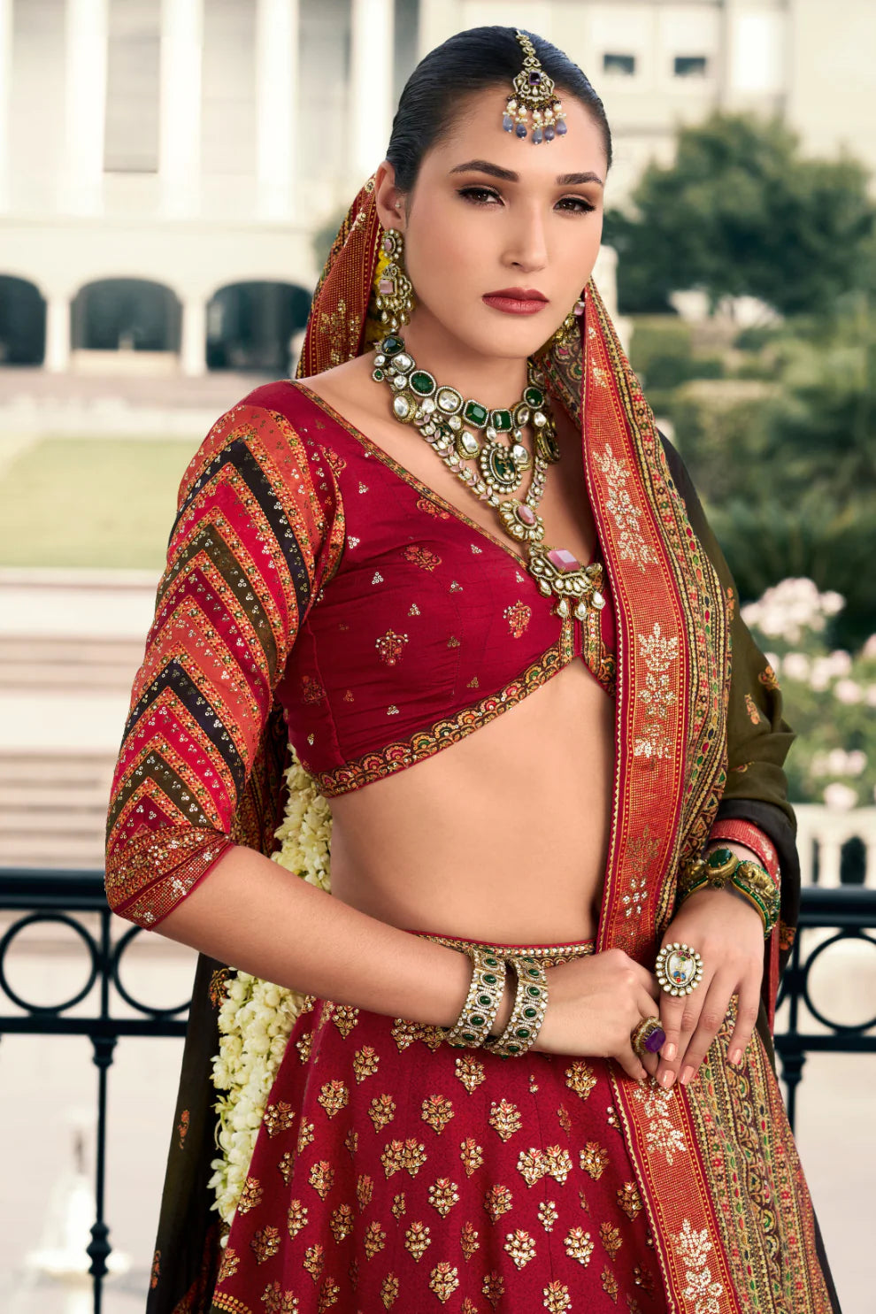 Red &amp; Antique Gold Traditional Banarasi Silk Lehenga