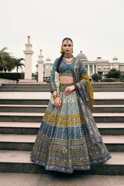 Steel Grey &amp; Mustard Banarasi Silk Lehenga Choli