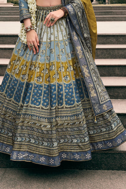 Steel Grey &amp; Mustard Banarasi Silk Lehenga Choli