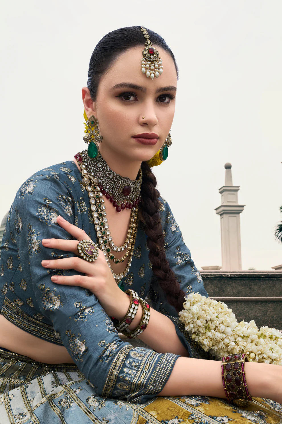 Steel Grey &amp; Mustard Banarasi Silk Lehenga Choli