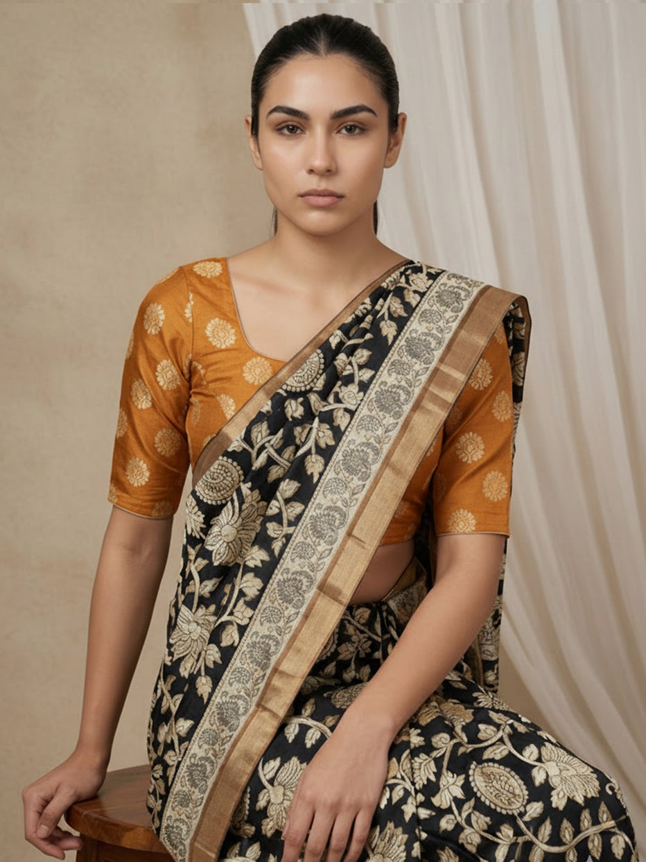 Black Leelawati Pure Tussar Silk Kalamkari Printed Saree 