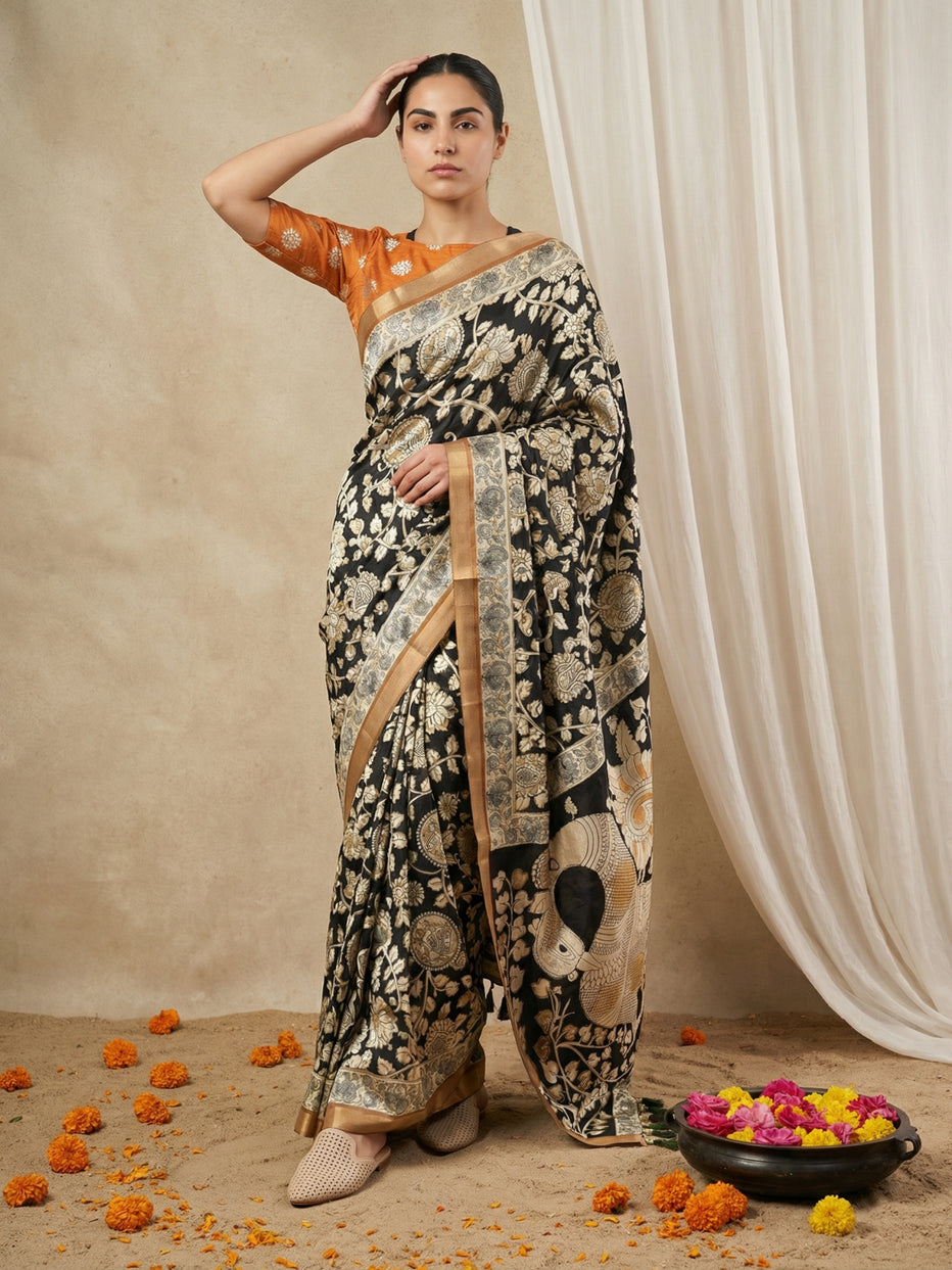 Black Leelawati Pure Tussar Silk Kalamkari Printed Saree 
