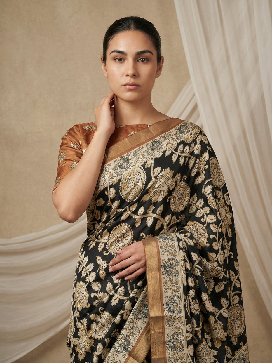 Black Leelawati Pure Tussar Silk Kalamkari Printed Saree 