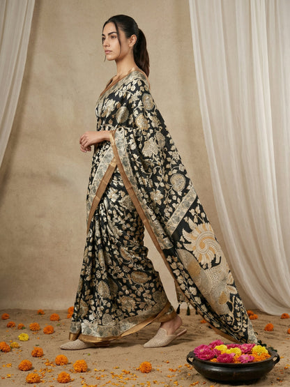 Black Leelawati Pure Tussar Silk Kalamkari Printed Saree 