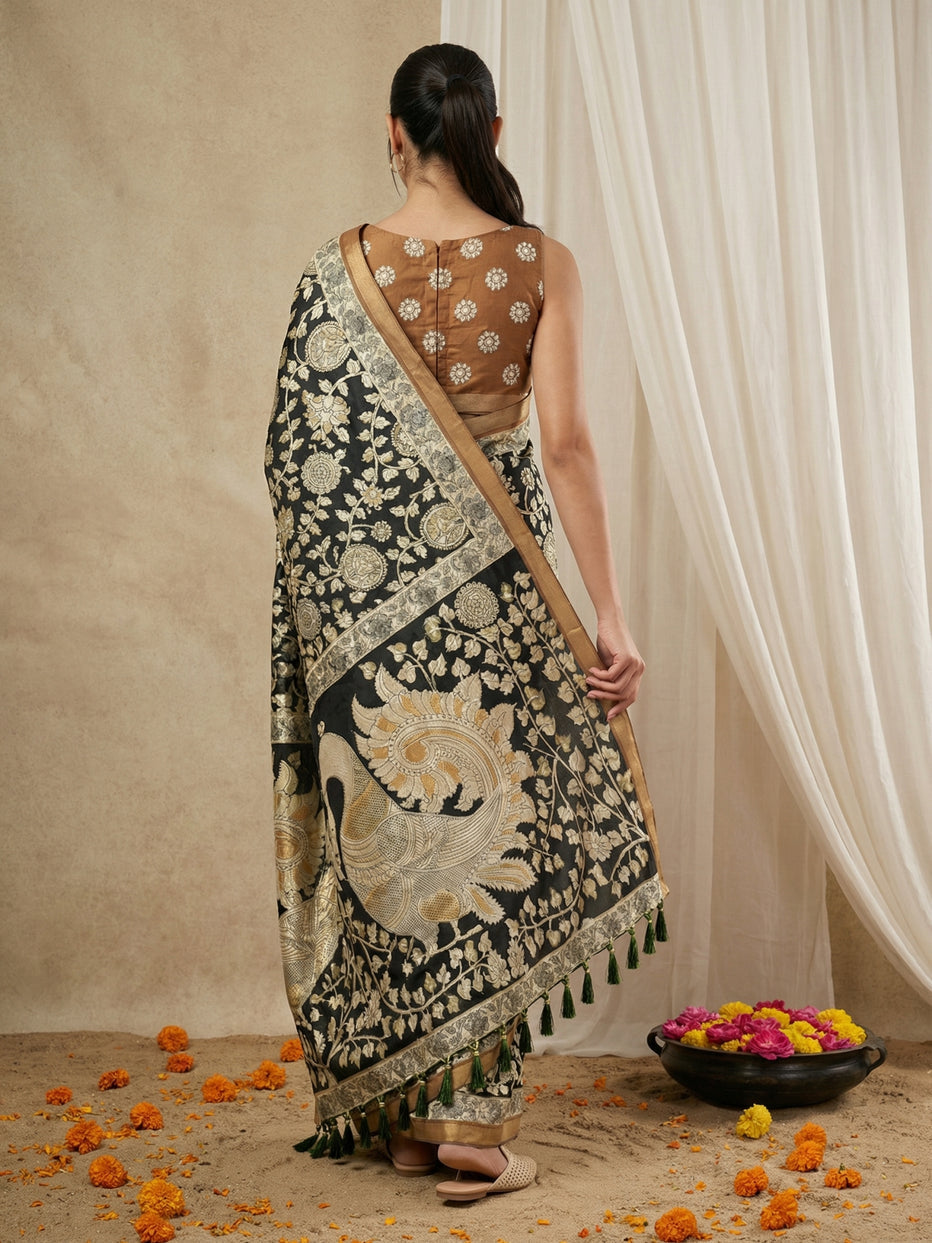Black Leelawati Pure Tussar Silk Kalamkari Printed Saree 