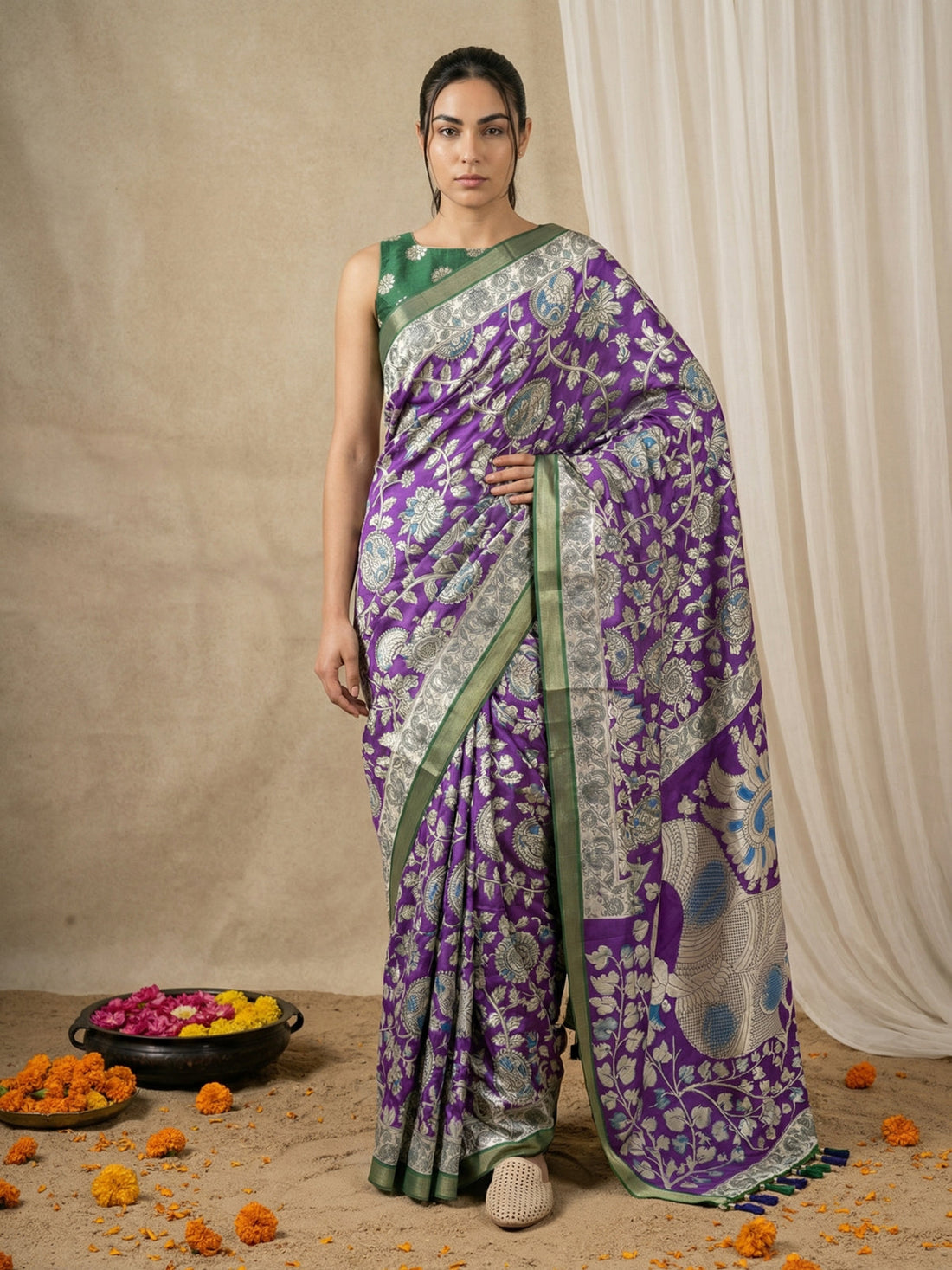 Purple Leelawati Pure Tussar Silk Kalamkari Printed Saree