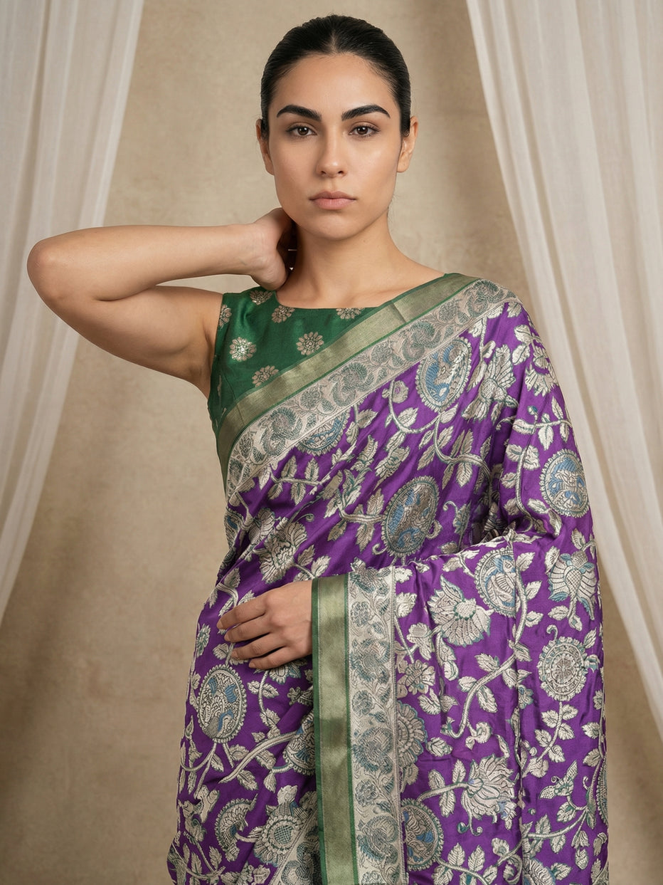 Purple Leelawati Pure Tussar Silk Kalamkari Printed Saree