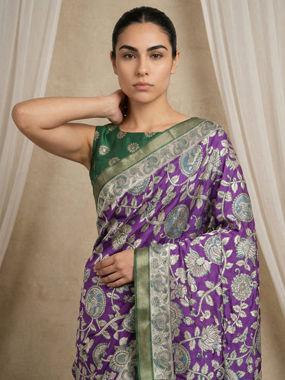 Purple Leelawati Pure Tussar Silk Kalamkari Printed Saree
