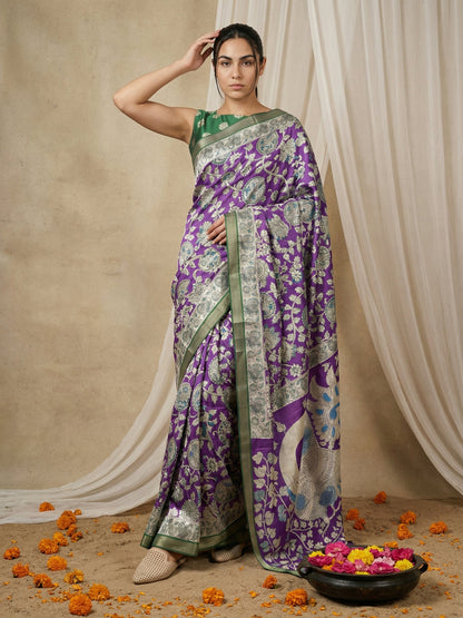 Purple Leelawati Pure Tussar Silk Kalamkari Printed Saree