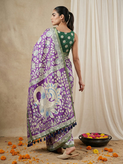 Purple Leelawati Pure Tussar Silk Kalamkari Printed Saree